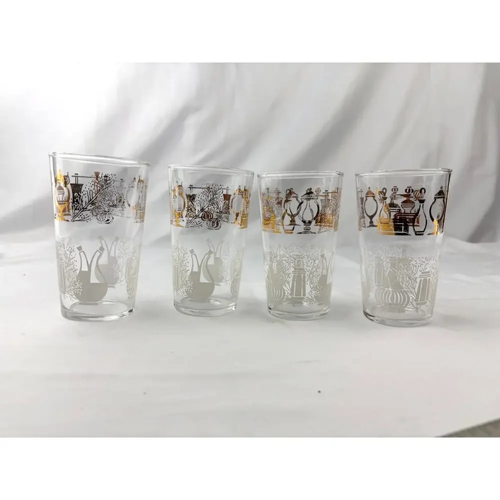 Vintage Federal Glass Tumblers Set of 4 Clear Drinking Glass Gold Accent Design‎